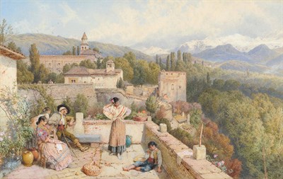 Lot 637 - Myles Birket Foster RWS (1825-1899) "The Sierra Nevada from the Alhambra", figures on a...