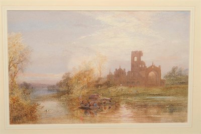 Lot 640 - Hubert (Coutts) Tucker RI (1851-1921) View of Kirkstall Abbey, with figures in boats on the...