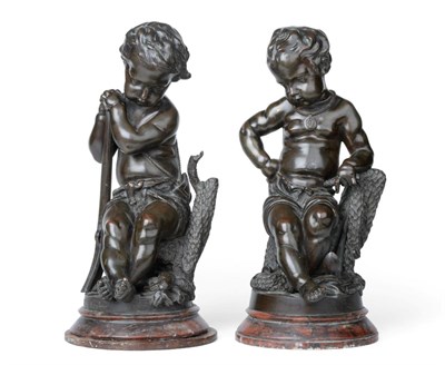 Lot 637 - John-Baptiste Lebroc (French, 1825-1878): A Pair of Bronze Figures of Putti, as fishermen seated on