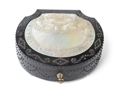 Lot 645 - A Palais Royal Ebony Sewing Box, mid 19th century, of scallop form, the hinged cover set with a...
