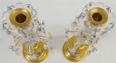Lot 649 - A Pair of George III Cut Glass Gilt Metal and Blue Jasper Lustre Candlesticks, with cut...