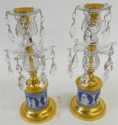 Lot 649 - A Pair of George III Cut Glass Gilt Metal and Blue Jasper Lustre Candlesticks, with cut...
