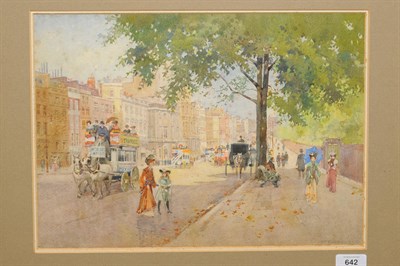 Lot 642 - William Frederick Liddell (ex.1905-1927) London street scene with figures, horse drawn trams...