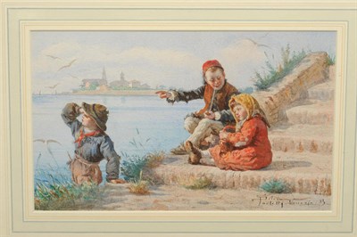 Lot 643 - Silvius D. Paoletti (1864-1921) Three children beside steps, a Venetian lagoon beyond Signed...