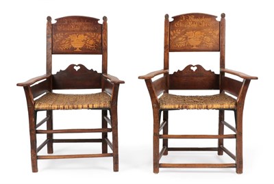 Lot 745 - A Pair of 19th Century Oak and Marquetry Marriage Chairs, Low Countries, the curved back...