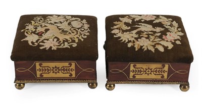 Lot 749 - A Pair of Regency Rosewood and Brass Inlaid Footstools, early 19th century, with later floral...