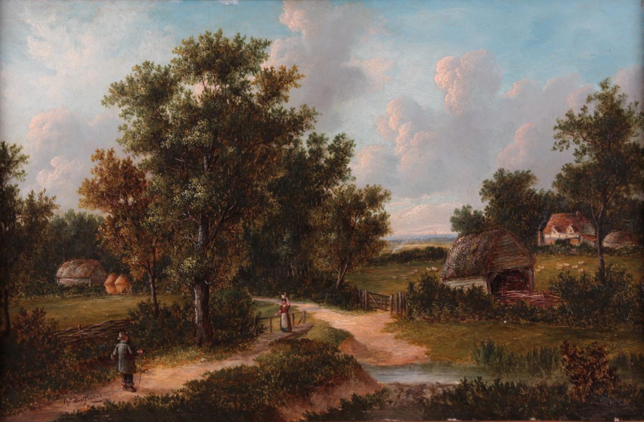 Lot 1008 - H.C Buttler (19th century) Landscape with figures, signed, oil on panel, 20cm by 35.5cm