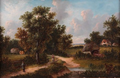 Lot 1008 - H.C Buttler (19th century) Landscape with figures, signed, oil on panel, 20cm by 35.5cm