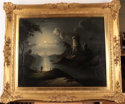 Lot 1021 - Circle of Sebastian Pether (1790-1844) Penrith castle by moonlight, oil on canvas, 48cm by 59.5cm