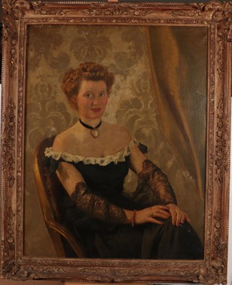 Lot 1032 - Henry Marvell Carr (1894-1970), Portrait of a lady, with a cameo on a choker, seated, three quarter