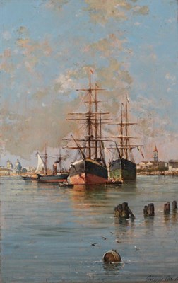 Lot 1035 - Giuseppe Carelli (1858-1921) Italian Shipping scene on the Venetian lagoon, signed, oil on...