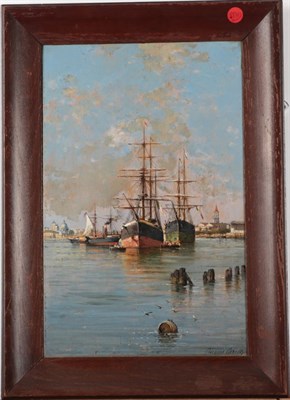 Lot 1035 - Giuseppe Carelli (1858-1921) Italian Shipping scene on the Venetian lagoon, signed, oil on...