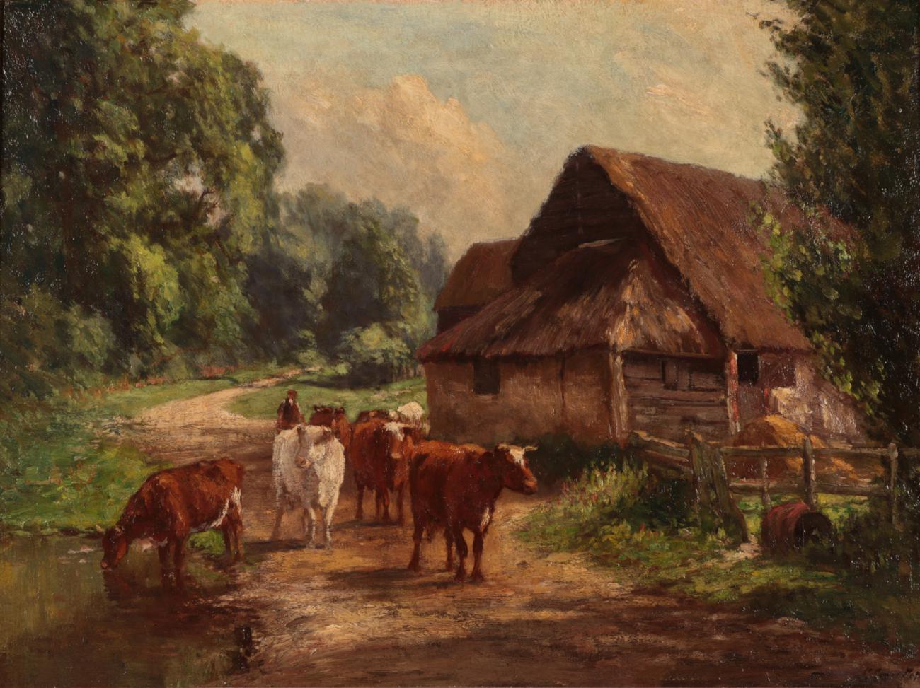 Lot 1042 - William James Laidlay (1846-1912) Cattle on a country lane, signed, oil on canvas, 45cm by 60cm