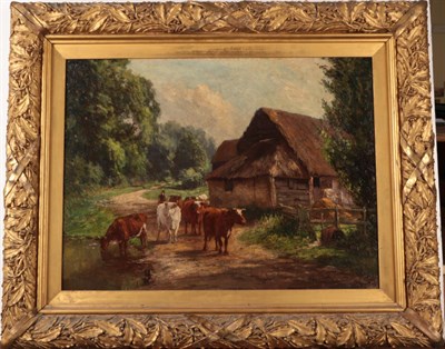 Lot 1042 - William James Laidlay (1846-1912) Cattle on a country lane, signed, oil on canvas, 45cm by 60cm
