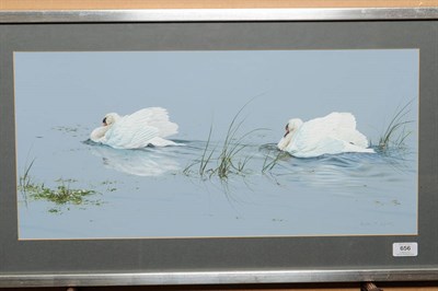 Lot 656 - Alan M. Hunt (b.1947) Two swans on a river Signed, watercolour and gouache heightened with white on