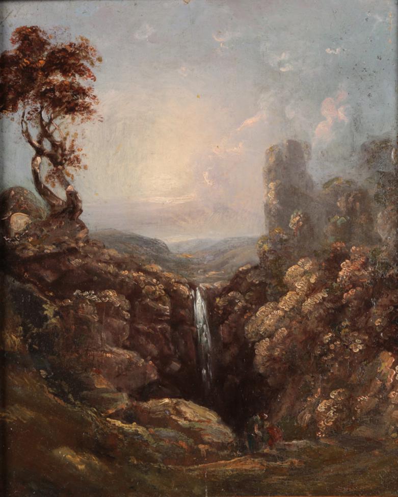 Lot 1050 - Circle of Horatio McCulloch RSA (1805-1867) Highland landscape with waterfall and figures, oil...