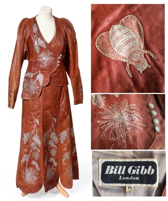 Lot 2218 - Bill Gibb Brown Leather Skirt and Jacket Ensemble, Autumn/Winter 1972, stencilled with naturalistic