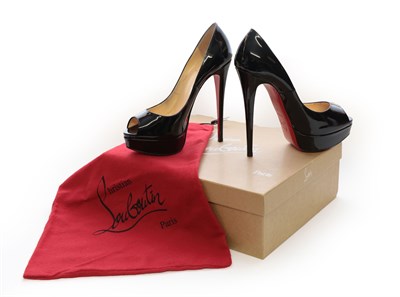 Lot 2316 - Pair of Christian Louboutin Black Patent Leather Peep-Toe Shoes, 5.5'' stiletto heels (size...