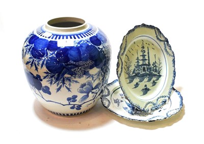 Lot 4 - A pair of 19th century English Creamware plates with chinoiserie decoration and a Chinese blue...