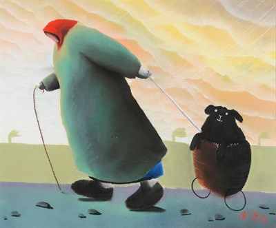 Lot 661 - Mackenzie Thorpe (b.1956) "Walking the dog" Signed with the artist's monogram, together with...