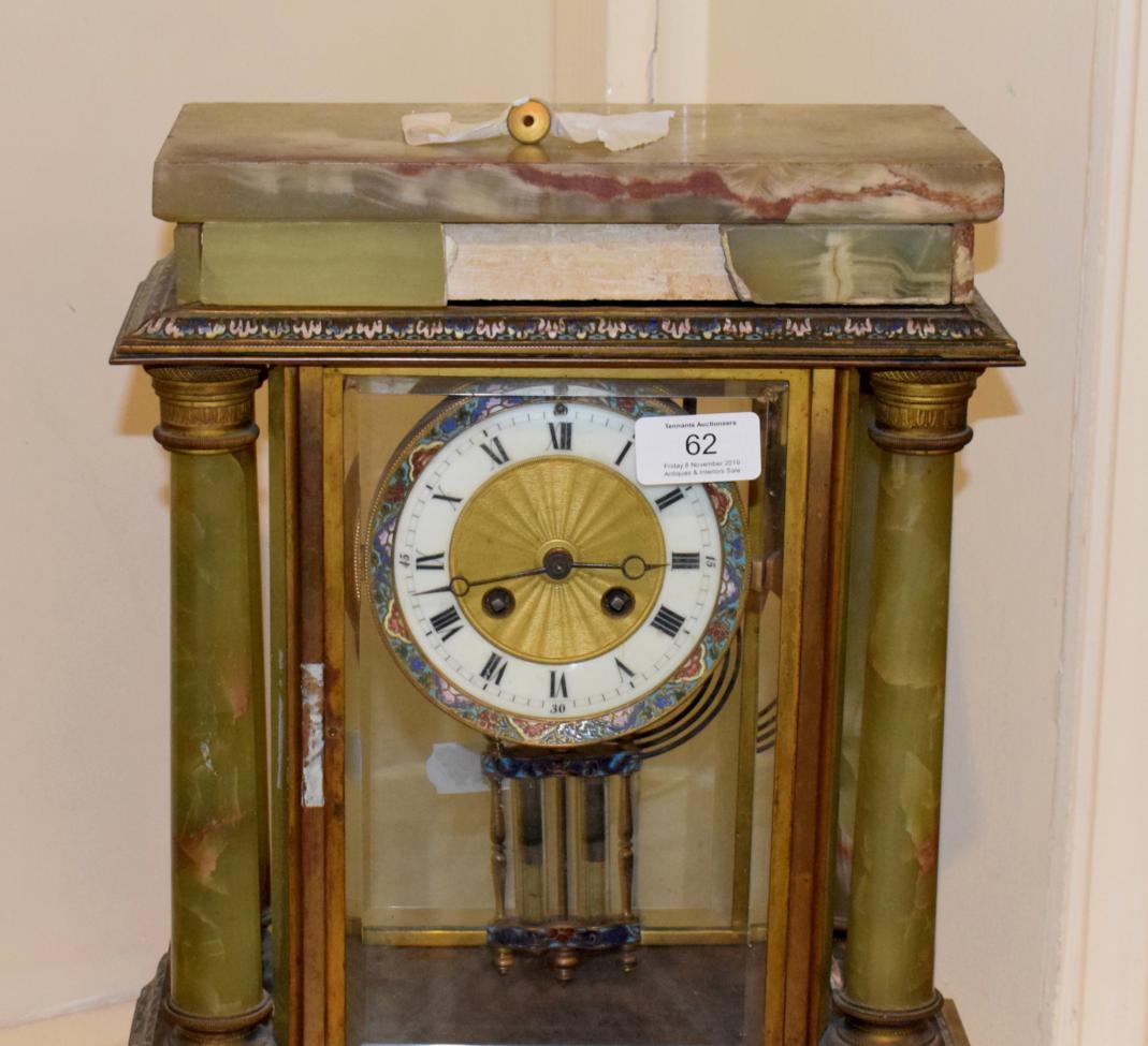 Lot 62 - A green onyx champleve enamel striking mantel clock, circa 1890