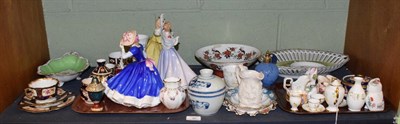 Lot 66 - A shelf of china and ornamental items including Doulton figures, Royal Crown Derby etc