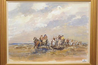 Lot 665 - William Norman Gaunt FIAL, NDD (1918-2001) Figures and horses and carts crossing Morecambe Bay...