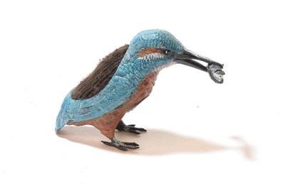 Lot 92 - A pin cushion in the form of a cold painted bronze Kingfisher catching fish