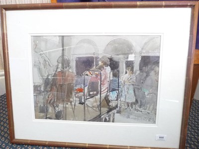 Lot 668 - Tom Coates (b.1941)  "Tea break during rehearsals of the Northern Light Orchestra" Inscribed on the