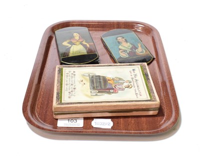 Lot 103 - A German chromolithographic double-sided humorous action postcard; with two further and a card box