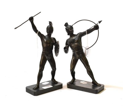 Lot 106 - A pair of bronzed neo-classical warrior figures, archer and spearman (a.f.), integral plinths (2)