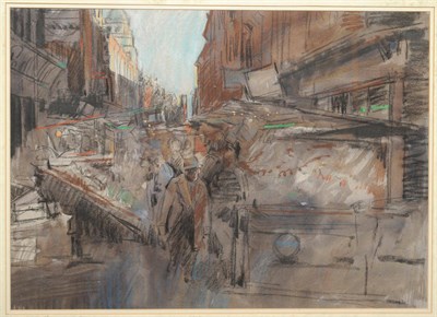 Lot 669 - Tom Coates (b.1941) "Soho market II" Inscribed on an exhibition label verso, charcoal, pastel...