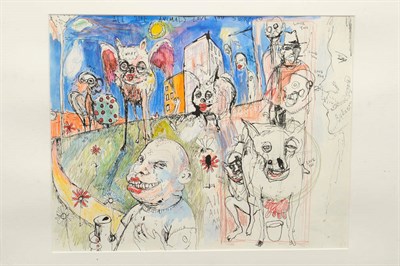 Lot 670 - Shaun Carey (20th/21st century)  "All the animals love you Serpico" Inscribed, pen, ink, crayon and