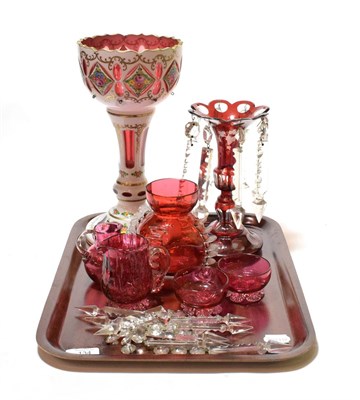Lot 134 - A tray of Victorian glass including a flash glass table lustre; a ruby glass table lustre; and...
