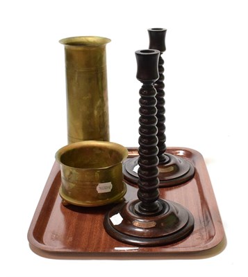 Lot 135 - A pair of bobbin-turned candlesticks 'Made from timber taken from HMS Lion'; with two items of...