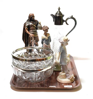 Lot 143 - A 20th century plated and glass claret jug; two pieces of Lladro; and three others (6)