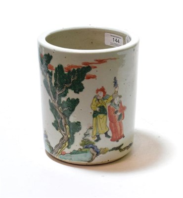 Lot 144 - A Chinese famille verte cylindrical brush pot, bearing four character marks, 18.5cm high