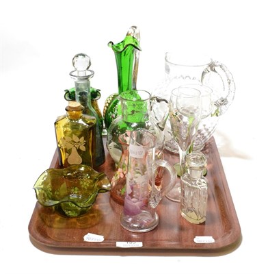 Lot 153 - A tray of Victorian and later glass including Bohemian style vases, Mary Gregory style jugs etc