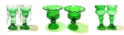 Lot 154 - Three pairs of Victorian green glass table lustres including a pair with Mary Gregory style...