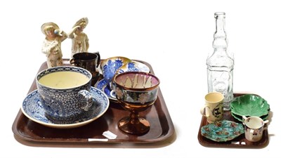 Lot 156 - A reproduction Leeds ware matrimony mug; Victorian Wedgwood leaf dishes; a bar top decanter in...