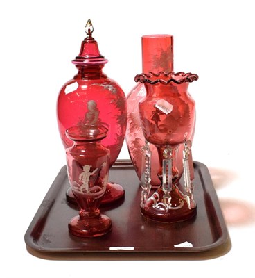 Lot 158 - A tray of Victorian Mary Gregory style cranberry glass comprising table lustre, two vases and a jar