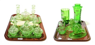 Lot 165 - Two trays of Victorian and later green glass including two Mary Gregory style vases, a pair of...