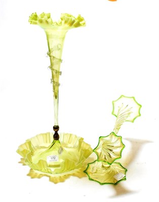 Lot 172 - A Victorian uranium glass single stem epergne and a similar twin-arm example