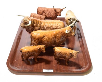 Lot 189 - Beswick Cattle comprising: Highland Bull, model No. 2008, Highland Cow, model No. 1740 and Highland