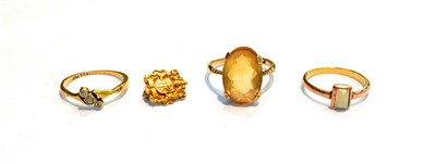 Lot 205 - A diamond three stone twist ring, finger size K; two dress rings, finger sizes L1/2 and N; and...