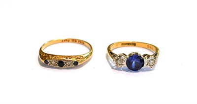 Lot 214 - A sapphire and diamond five stone ring finger size R1/2; another sapphire and diamond ring,...