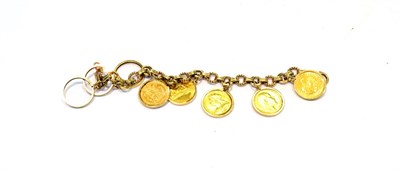 Lot 224 - A fancy link bracelet, hung with five half sovereigns dated 1877, 1887, 1894, 1908 and 1911 and...