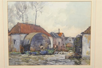 Lot 682 - Frederick (Fred) Lawson (1888-1968) Watermill with figures on a footbridge beside buildings...