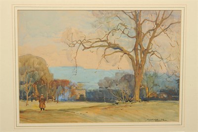 Lot 683 - Frederick (Fred) Lawson (1888-1968) Woodland scene with a figure in the foreground, a country house