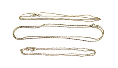 Lot 256 - Two 18 carat white gold chains (one trace link, the other fancy link), lengths 41cm and 46cm; and a